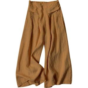 imageGihuo Women s Culottes Linen Blend Wide Leg Pants Elastic Waist Casual Palazzo Trousers with Pockets CaprisBrown