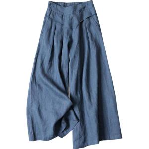 imageGihuo Women s Culottes Linen Blend Wide Leg Pants Elastic Waist Casual Palazzo Trousers with Pockets CaprisDarkblue