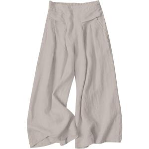 imageGihuo Women s Culottes Linen Blend Wide Leg Pants Elastic Waist Casual Palazzo Trousers with Pockets CaprisLightkhaki