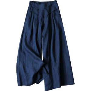 imageGihuo Women s Culottes Linen Blend Wide Leg Pants Elastic Waist Casual Palazzo Trousers with Pockets CaprisNavy