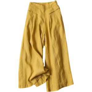 imageGihuo Women s Culottes Linen Blend Wide Leg Pants Elastic Waist Casual Palazzo Trousers with Pockets CaprisYellow