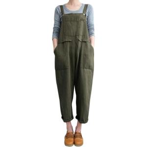 imageGihuo Womens Linen Overalls Loose Fit Baggy Bib Overalls Wide Leg JumpsuitArmy Green