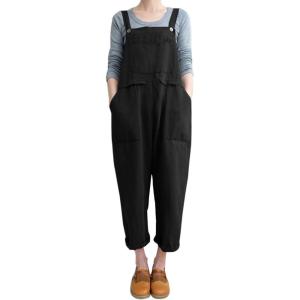 imageGihuo Womens Linen Overalls Loose Fit Baggy Bib Overalls Wide Leg JumpsuitBlack