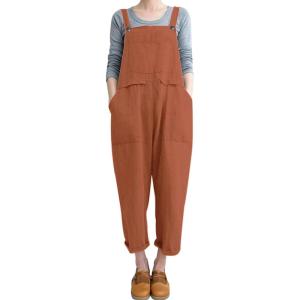 imageGihuo Womens Linen Overalls Loose Fit Baggy Bib Overalls Wide Leg JumpsuitBrickred