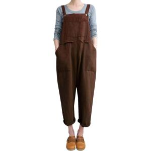 imageGihuo Womens Linen Overalls Loose Fit Baggy Bib Overalls Wide Leg JumpsuitBrown
