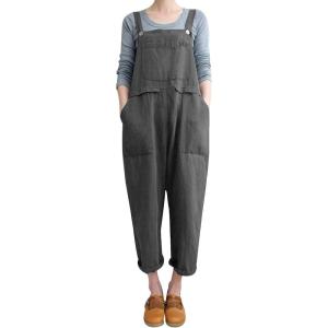 imageGihuo Womens Linen Overalls Loose Fit Baggy Bib Overalls Wide Leg JumpsuitGrey