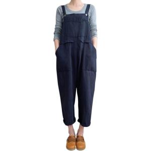 imageGihuo Womens Linen Overalls Loose Fit Baggy Bib Overalls Wide Leg JumpsuitNavy