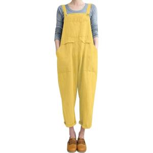 imageGihuo Womens Linen Overalls Loose Fit Baggy Bib Overalls Wide Leg JumpsuitYellow