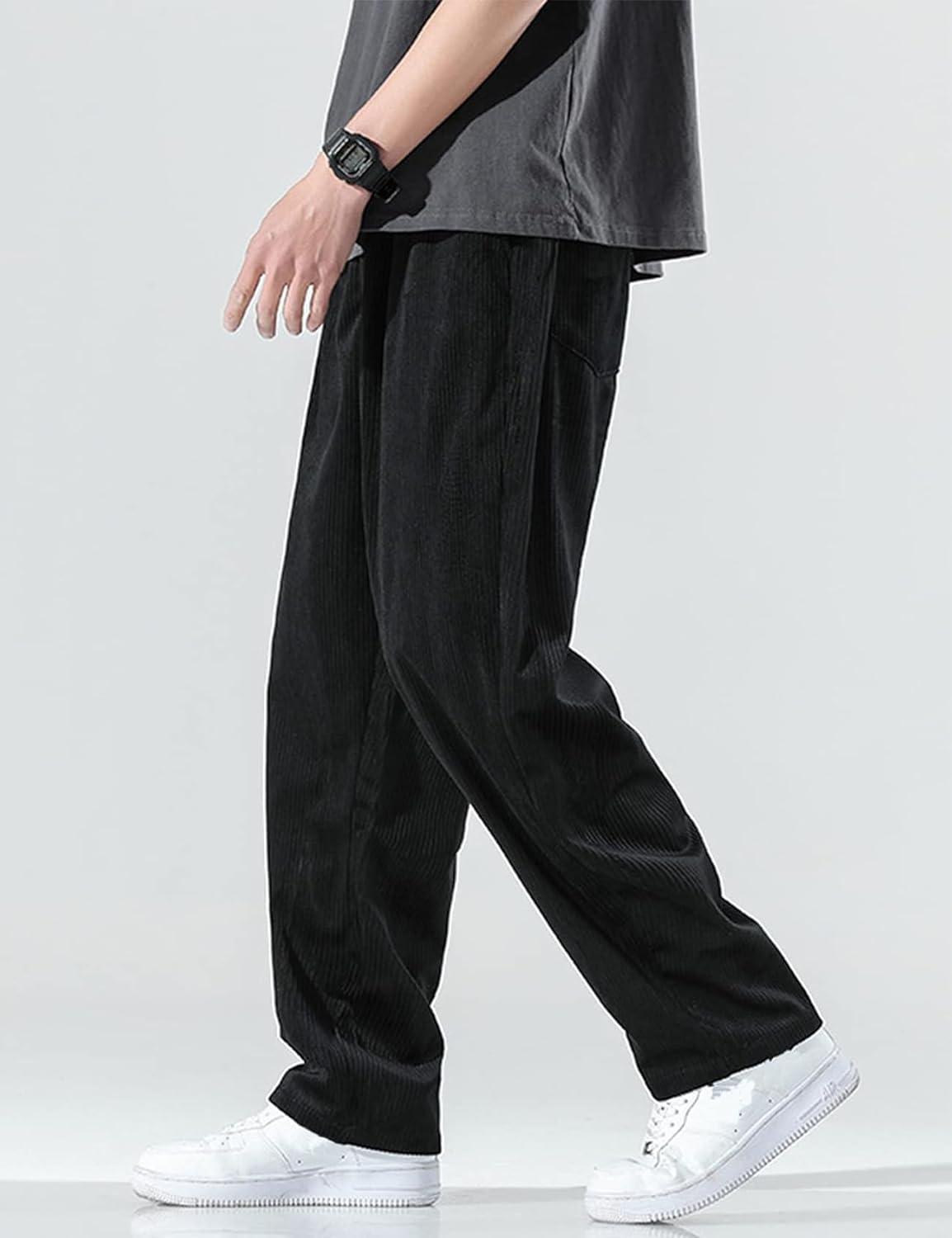 imageGihuo Mens Corduroy Pants Elastic Waist Sweatpants Vintage Cargo Sweatpants Loose Wide Leg Pants Hip Pop StreetwearBlack