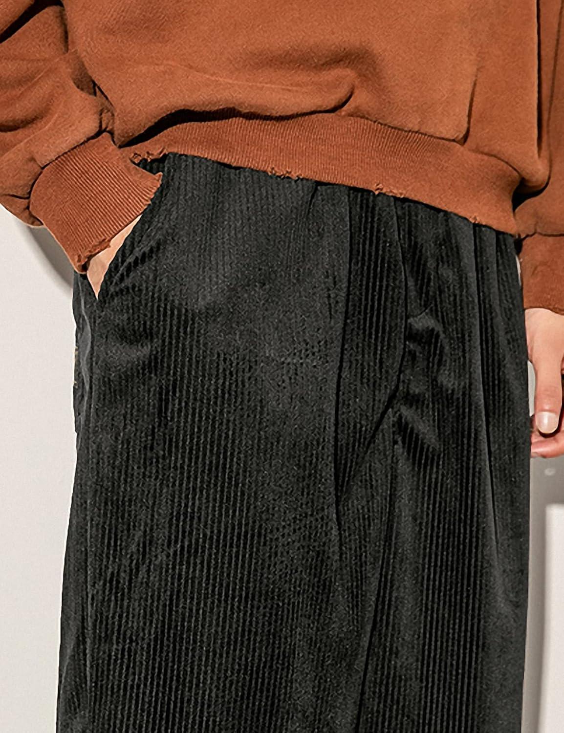 imageGihuo Mens Corduroy Pants Elastic Waist Sweatpants Vintage Cargo Sweatpants Loose Wide Leg Pants Hip Pop StreetwearBlack