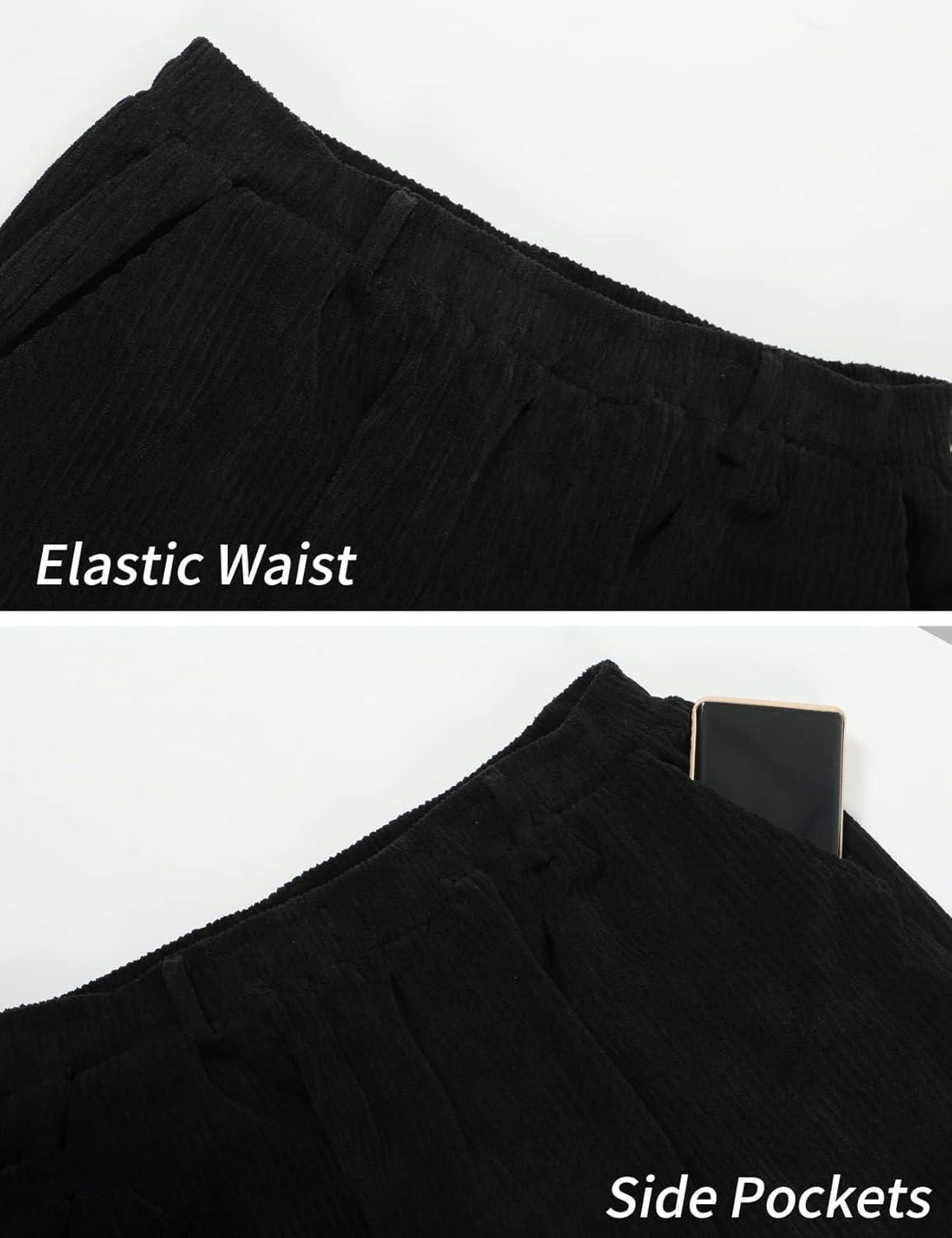 imageGihuo Mens Corduroy Pants Elastic Waist Sweatpants Vintage Cargo Sweatpants Loose Wide Leg Pants Hip Pop StreetwearBlack