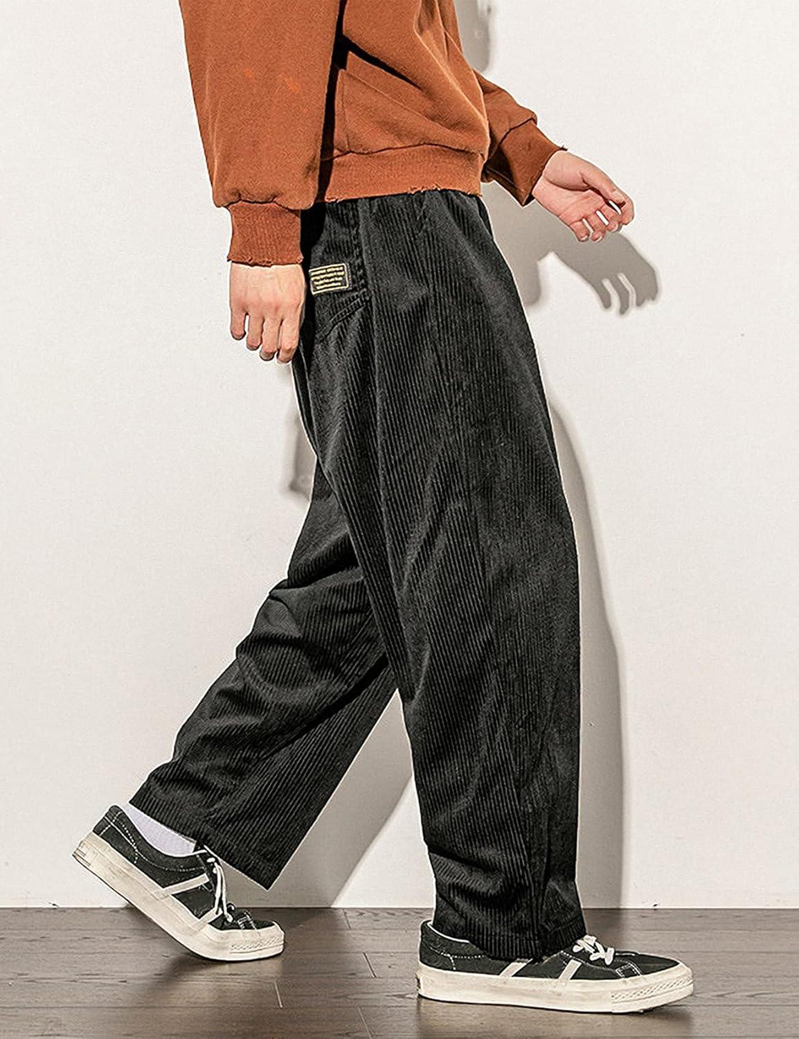 imageGihuo Mens Corduroy Pants Elastic Waist Sweatpants Vintage Cargo Sweatpants Loose Wide Leg Pants Hip Pop StreetwearBlack