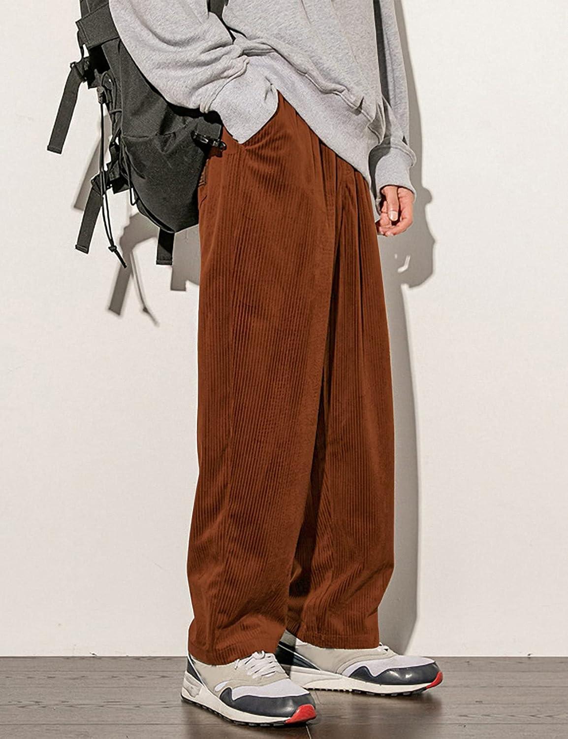 imageGihuo Mens Corduroy Pants Elastic Waist Sweatpants Vintage Cargo Sweatpants Loose Wide Leg Pants Hip Pop StreetwearBrown