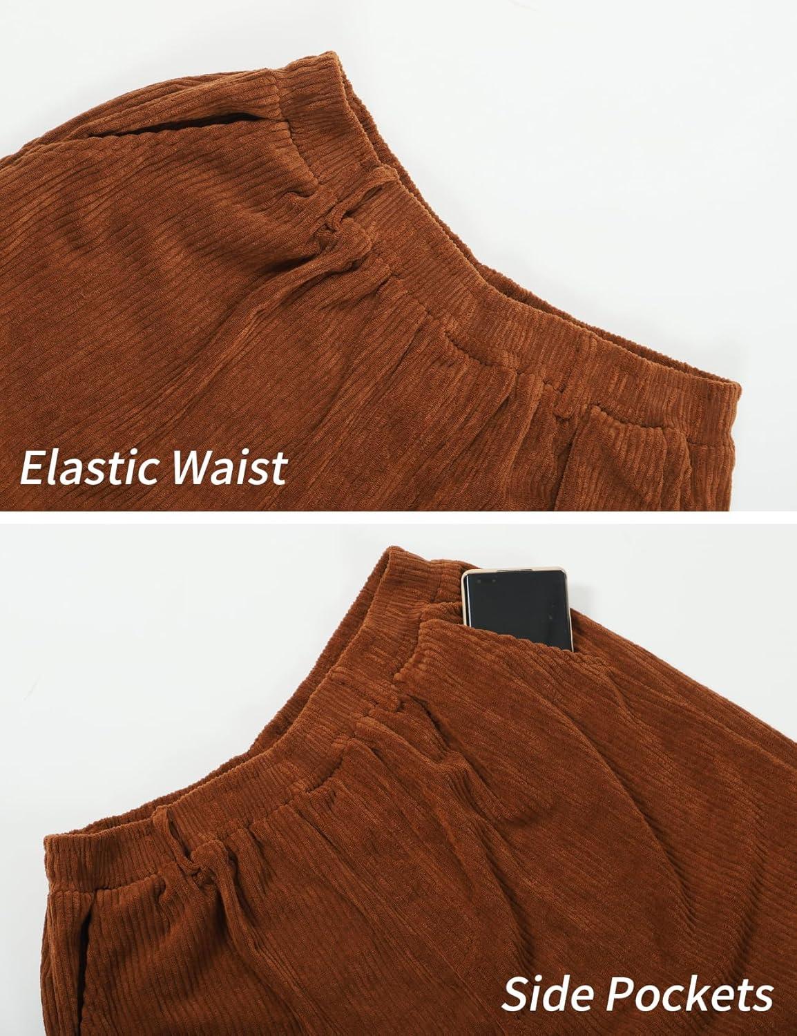 imageGihuo Mens Corduroy Pants Elastic Waist Sweatpants Vintage Cargo Sweatpants Loose Wide Leg Pants Hip Pop StreetwearBrown