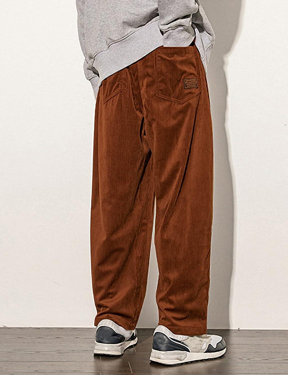 imageGihuo Mens Corduroy Pants Elastic Waist Sweatpants Vintage Cargo Sweatpants Loose Wide Leg Pants Hip Pop StreetwearBrown