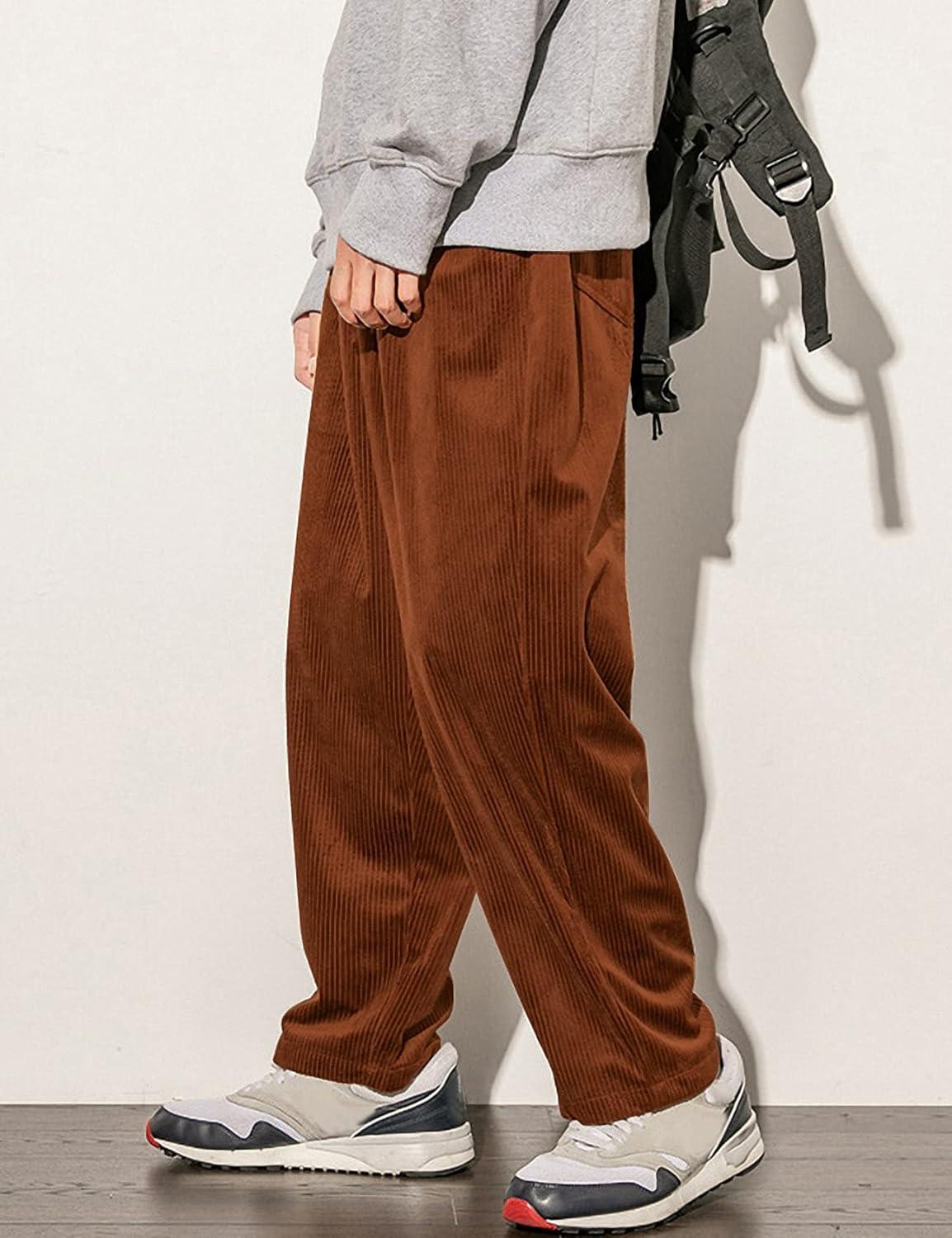 imageGihuo Mens Corduroy Pants Elastic Waist Sweatpants Vintage Cargo Sweatpants Loose Wide Leg Pants Hip Pop StreetwearBrown