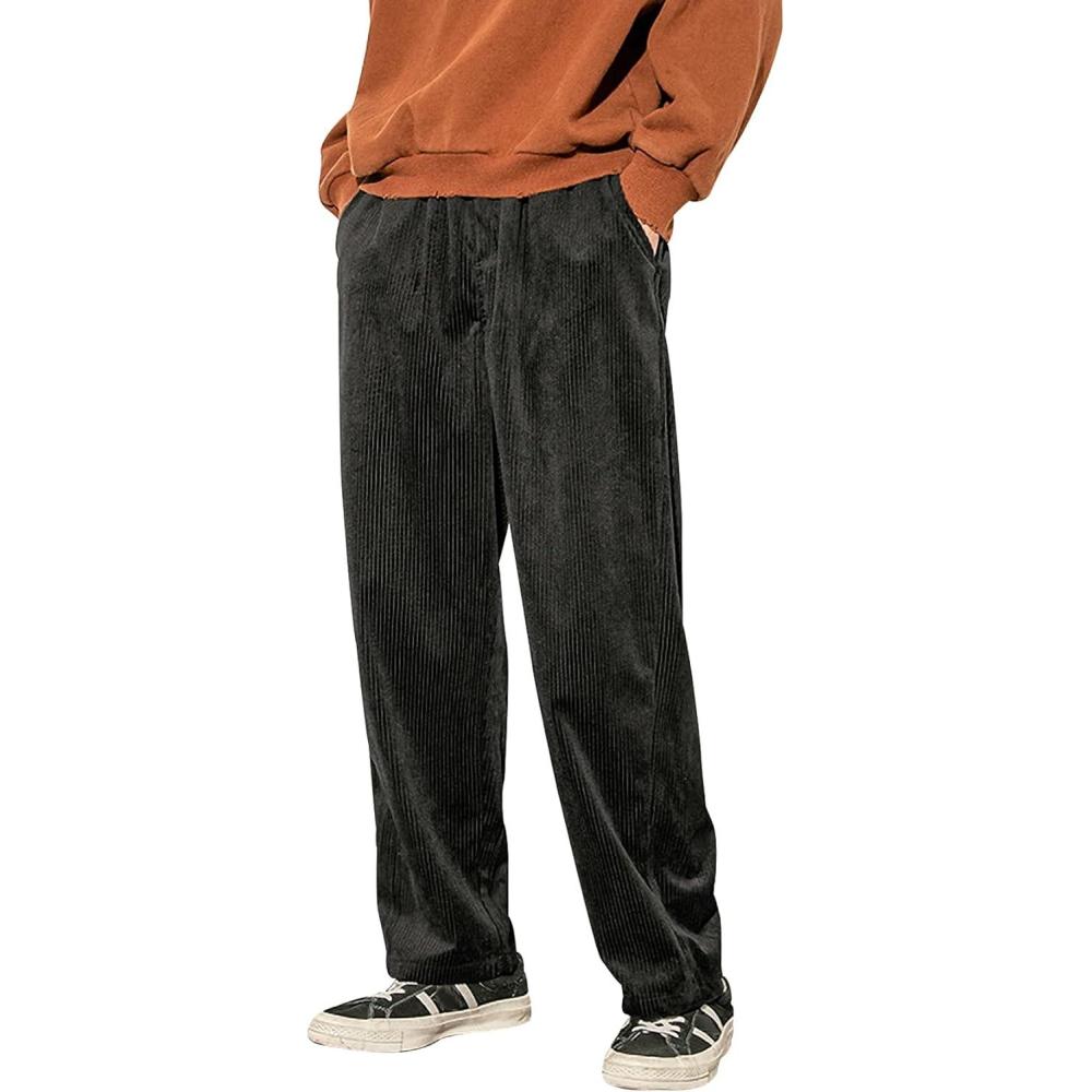 imageGihuo Mens Corduroy Pants Elastic Waist Sweatpants Vintage Cargo Sweatpants Loose Wide Leg Pants Hip Pop StreetwearBlack