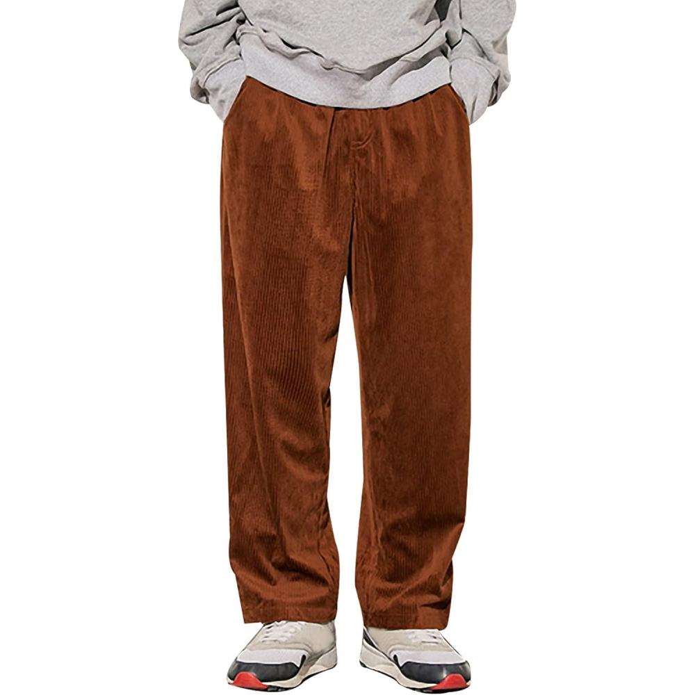 imageGihuo Mens Corduroy Pants Elastic Waist Sweatpants Vintage Cargo Sweatpants Loose Wide Leg Pants Hip Pop StreetwearBrown