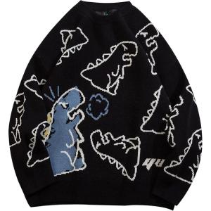 imageGihuo Women Dinosaur Oversized Sweater Graphic Crewneck Knitted Pullover Casual Loose Fit Jumper TopsBlack
