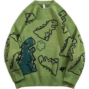 imageGihuo Women Dinosaur Oversized Sweater Graphic Crewneck Knitted Pullover Casual Loose Fit Jumper TopsGreen