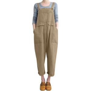 imageGihuo Women Linen Overalls Jumpsuits Loose Fit Baggy Bib Rompers Casual Summer Outfits Trendy 2025Khaki