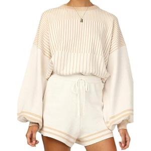 imageGihuo Women s Striped 2 Piece Outfits Crewneck Knit Pullover Sweater Shorts Set Wide Leg Matching Set LoungewearApricot