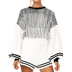 imageGihuo Women s Striped 2 Piece Outfits Crewneck Knit Pullover Sweater Shorts Set Wide Leg Matching Set LoungewearBlack