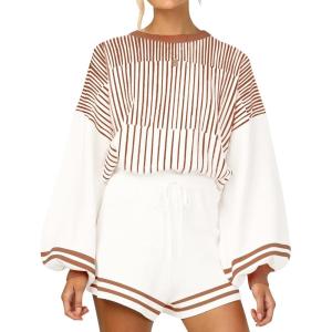 imageGihuo Women s Striped 2 Piece Outfits Crewneck Knit Pullover Sweater Shorts Set Wide Leg Matching Set LoungewearBrown