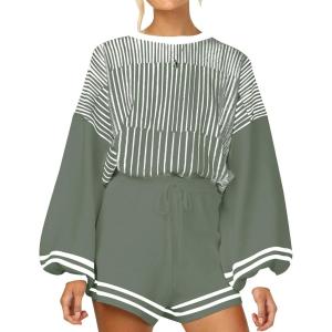 imageGihuo Women s Striped 2 Piece Outfits Crewneck Knit Pullover Sweater Shorts Set Wide Leg Matching Set LoungewearGreen