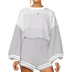 imageGihuo Women s Striped 2 Piece Outfits Crewneck Knit Pullover Sweater Shorts Set Wide Leg Matching Set LoungewearGrey