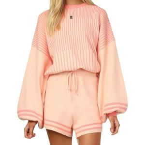 imageGihuo Women s Striped 2 Piece Outfits Crewneck Knit Pullover Sweater Shorts Set Wide Leg Matching Set LoungewearPink