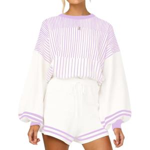 imageGihuo Women s Striped 2 Piece Outfits Crewneck Knit Pullover Sweater Shorts Set Wide Leg Matching Set LoungewearPurple