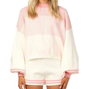 imageGihuo Women s Striped 2 Piece Outfits Crewneck Knit Pullover Sweater Shorts Set Wide Leg Matching Set LoungewearWhite