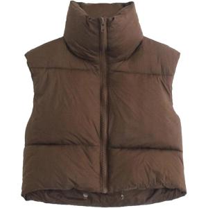 imageGihuo Womens Cropped Puffer Vest Winter Crop Vest Lightweight Sleeveless Warm Outerwear Puffer Jacket Padded GiletCoffee