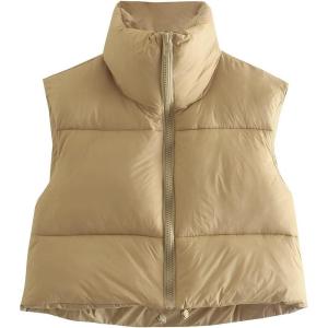 imageGihuo Womens Cropped Puffer Vest Winter Crop Vest Lightweight Sleeveless Warm Outerwear Puffer Jacket Padded GiletKhaki