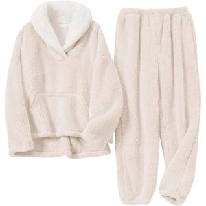 imageGihuo Girls Fleece Pants Sets Fuzzy 2 Piece Outfits Lapel Collar Pullover Sweatshirt Set Sweatsuit 514YBeige