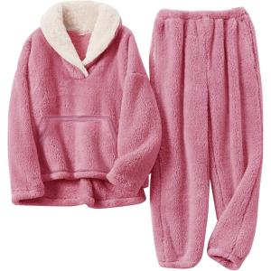 imageGihuo Girls Fleece Pants Sets Fuzzy 2 Piece Outfits Lapel Collar Pullover Sweatshirt Set Sweatsuit 514YPink
