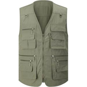 imageGihuo Mens Fishing Vest Utility Safari Travel Vest with Pockets Outdoor Work Photo Cargo Fly Summer VestArmy Green