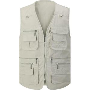 imageGihuo Mens Fishing Vest Utility Safari Travel Vest with Pockets Outdoor Work Photo Cargo Fly Summer VestBeige