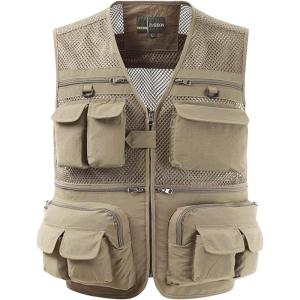 imageGihuo Mens Fishing Vest Utility Safari Travel Vest with Pockets Outdoor Work Photo Cargo Fly Summer VestBeigemesh