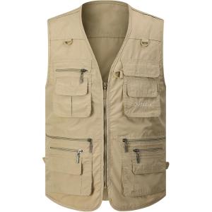 imageGihuo Mens Fishing Vest Utility Safari Travel Vest with Pockets Outdoor Work Photo Cargo Fly Summer VestKhaki