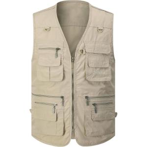 imageGihuo Mens Fishing Vest Utility Safari Travel Vest with Pockets Outdoor Work Photo Cargo Fly Summer VestLight Khaki