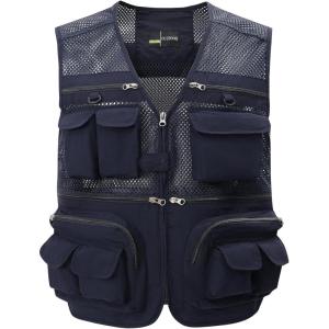 imageGihuo Mens Fishing Vest Utility Safari Travel Vest with Pockets Outdoor Work Photo Cargo Fly Summer VestNavymesh
