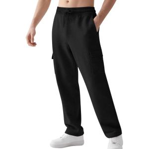 imageGihuo Mens Fleece Cargo Sweatpants Loose Fit Joggers with Pockets Open Bottom Lounge PantsBlack