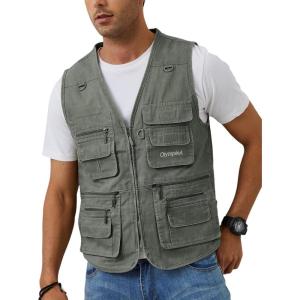 imageGihuo Mens Fishing Vest Casual Utility Travel Safari Cargo Outdoor Work Photo Fly Vest Jacket with Multi PocketsArmy Green