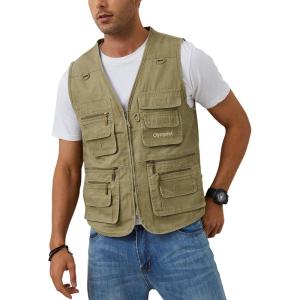 imageGihuo Mens Fishing Vest Casual Utility Travel Safari Cargo Outdoor Work Photo Fly Vest Jacket with Multi PocketsBeige