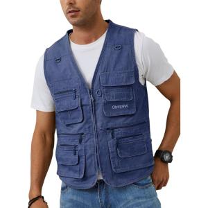 imageGihuo Mens Fishing Vest Casual Utility Travel Safari Cargo Outdoor Work Photo Fly Vest Jacket with Multi PocketsDenim