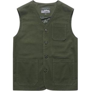 imageGihuo Mens Travel Vest Casual Outdoor MultiPocket VNeck Button Cotton Workwear VestArmy Green