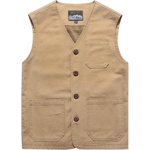 imageGihuo Mens Travel Vest Casual Outdoor MultiPocket VNeck Button Cotton Workwear VestKhaki