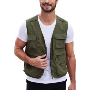 imageGihuo Mens Utility Fishing Vest Lightweight Outdoor Work Safari Travel Cargo Vest with MultiPocketsArmygreen